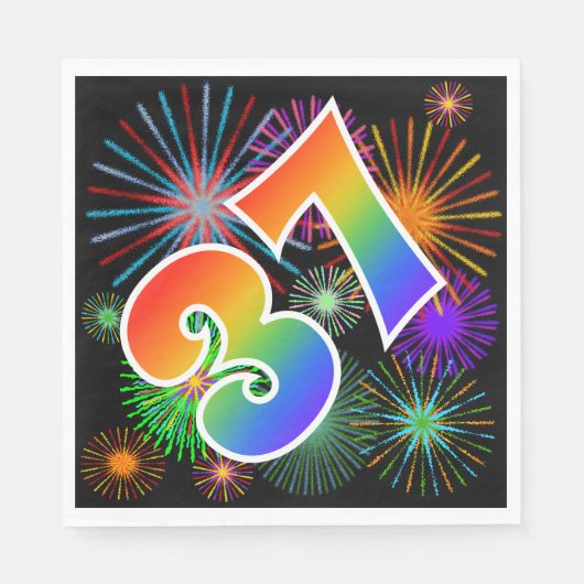 Farbenfrohe Feuerwerke + Regenbogenmuster "37" Ere Serviette (Vorderseite)