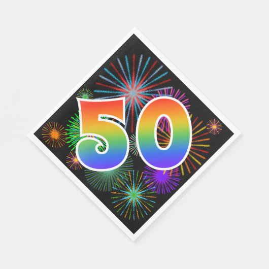 Farbenfrohe Feuerwerke + Regenbogenmuster "50" Eve Serviette (Ecke)