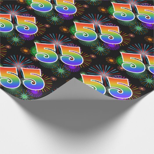 Farbenfrohe Feuerwerke + Regenbogenmuster "55" Eve Geschenkpapier (Ecke)