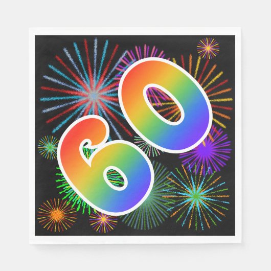 Farbenfrohe Feuerwerke + Regenbogenmuster "60" Eve Serviette (Vorderseite)