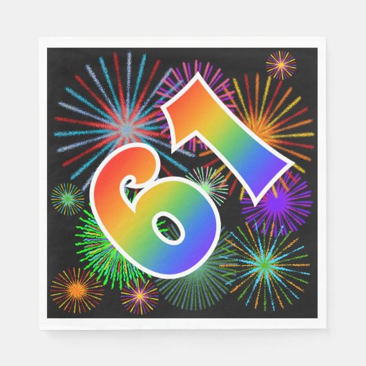 Farbenfrohe Feuerwerke + Regenbogenmuster "61" Ere Serviette (Vorderseite)