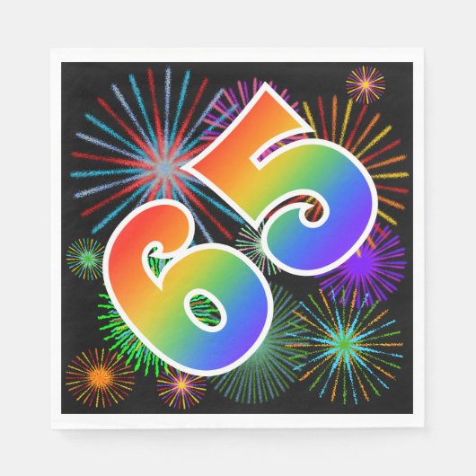 Farbenfrohe Feuerwerke + Regenbogenmuster "65" Eve Serviette (Vorderseite)
