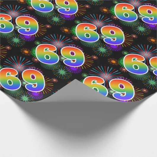 Farbenfrohe Feuerwerke + Regenbogenmuster "69" Eve Geschenkpapier (Ecke)