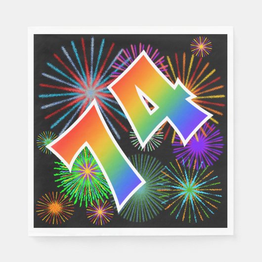 Farbenfrohe Feuerwerke + Regenbogenmuster "74" Eve Serviette (Vorderseite)