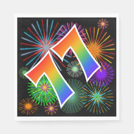 Farbenfrohe Feuerwerke + Regenbogenmuster "77" Eve Serviette (Vorderseite)
