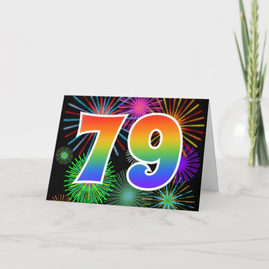 Farbenfrohe Feuerwerke + Regenbogenmuster "79" Eve Karte (Vorderseite)