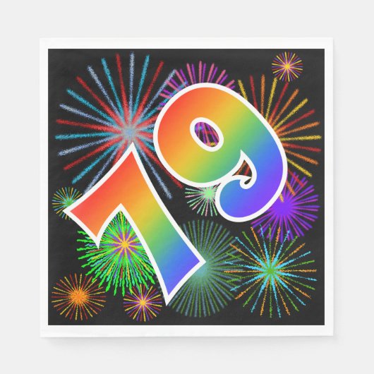 Farbenfrohe Feuerwerke + Regenbogenmuster "79" Eve Serviette (Vorderseite)