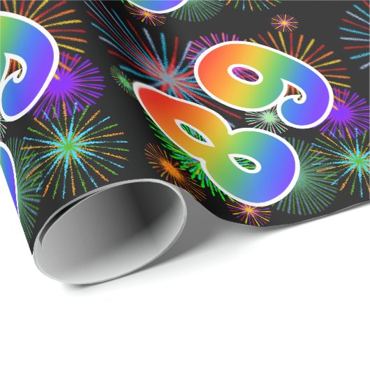 Farbenfrohe Feuerwerke + Regenbogenmuster "89" Eve Geschenkpapier (Rolleneckpunkt)