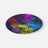 Farbenfrohe Feuerwerke witzig Pappteller (Schrägansicht)