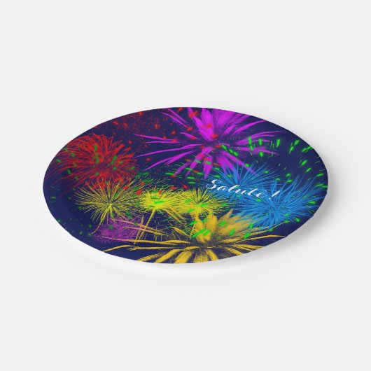 Farbenfrohe Feuerwerke witzig Pappteller (Schrägansicht)