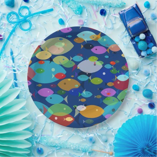 Farbenfrohe Fische Abstraktes Muster Blau Pappteller (Party)