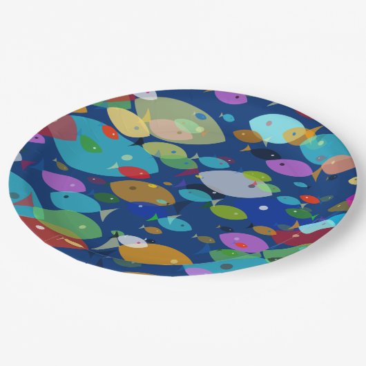 Farbenfrohe Fische Abstraktes Muster Blau Pappteller (Schrägansicht)