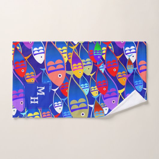 Farbenfrohe Fische Art Déco-Monogramm Badhandtuch Set (Handtuch)