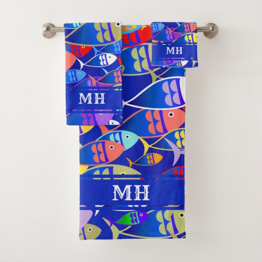 Farbenfrohe Fische Art Déco-Monogramm Badhandtuch Set (Insitu)