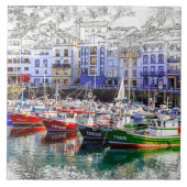 Farbenfrohe Fischerboote in Luarca, Asturien, Span Fliese (Vorderseite)