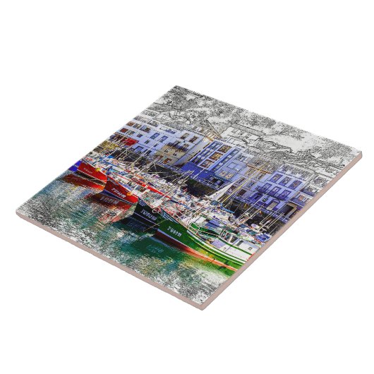 Farbenfrohe Fischerboote in Luarca, Asturien, Span Fliese (Seite)