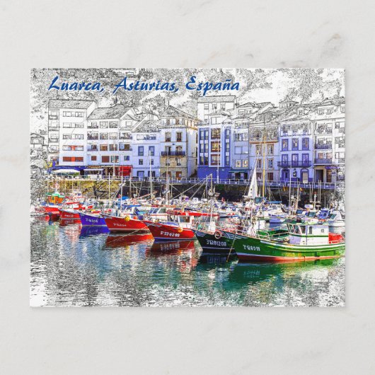 Farbenfrohe Fischerboote in Luarca, Asturien, Span Postkarte (Vorderseite)