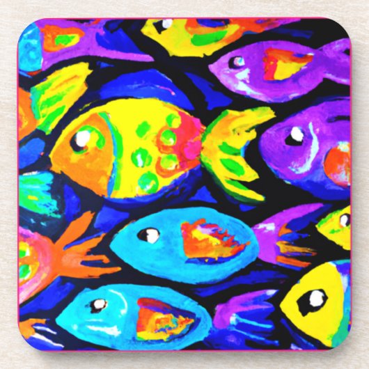 Farbenfrohe Fischmuster Kunst. Jetzt kaufen Getränkeuntersetzer (Vorderseite)