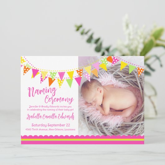 Farbenfrohe Flaggen Mädchen Namen einladen Einladung (Stehend Vorderseite)