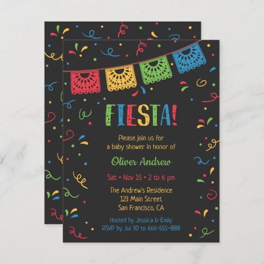 Farbenfrohe Flaggen und Confetti Fiesta Babydusche Einladung (Vorne/Hinten)
