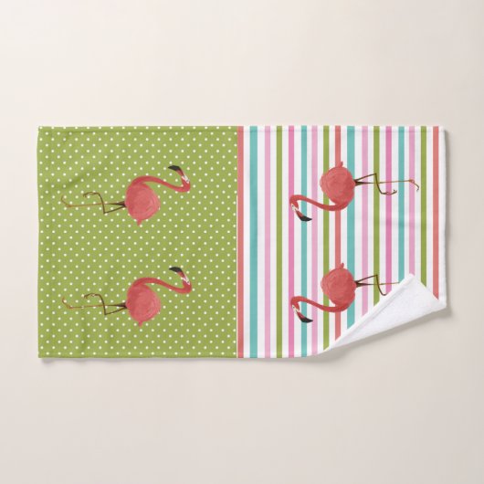 Farbenfrohe Flamingo Tropische Streifen Polka Dot Badhandtuch Set (Handtuch)