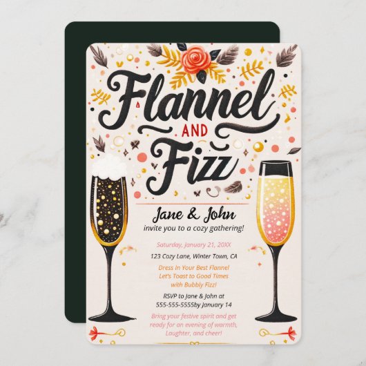 Farbenfrohe Flannel und Fizz Bubbly Drinks Party Einladung (Vorne/Hinten)