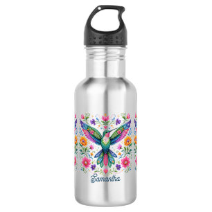 Farbenfrohe Flok-Kunst Kolibri Edelstahlflasche