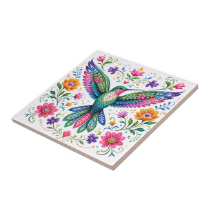 Farbenfrohe Flok-Kunst Kolibri Fliese