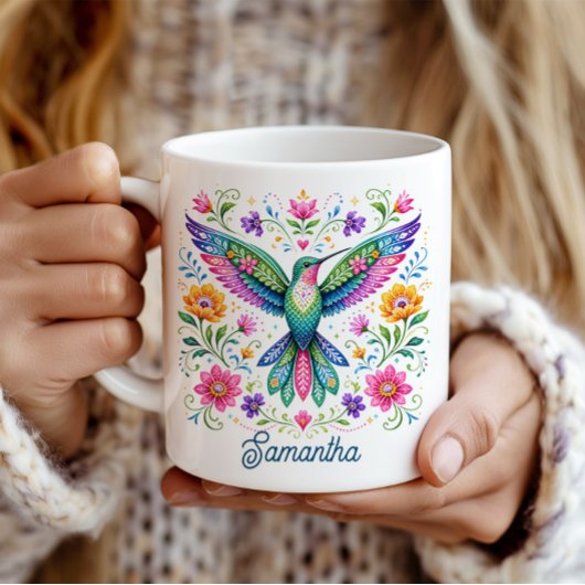 Farbenfrohe Flok-Kunst Kolibri Kaffeetasse