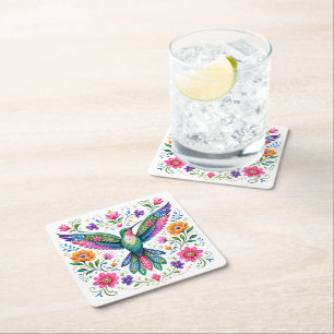 Farbenfrohe Flok-Kunst Kolibri Rechteckiger Pappuntersetzer