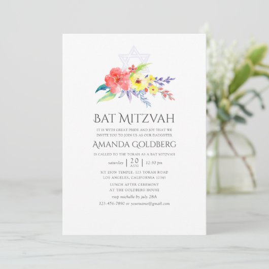 Farbenfrohe Flora Bat Mitzvah Einladung (Stehend Vorderseite)