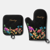 Farbenfrohe floral benutzerdefinierter Skriptname Ofenhandschuh & Topflappen-Set (Vorderseite)