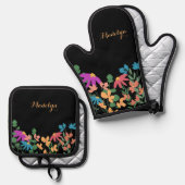 Farbenfrohe floral benutzerdefinierter Skriptname Ofenhandschuh & Topflappen-Set (Vorderseite/Rückseite)