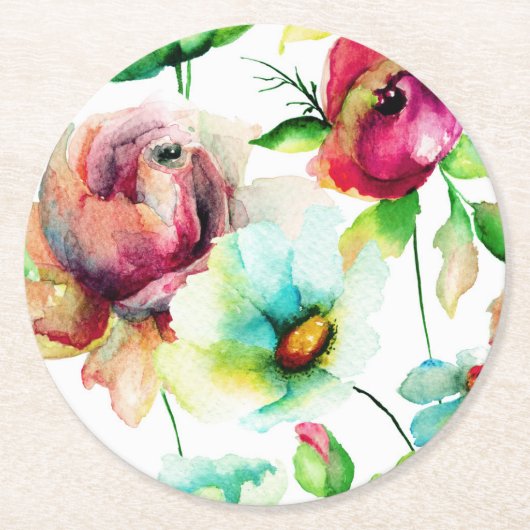 Farbenfrohe Floral Collage Aquarellfarben Illustra Runder Pappuntersetzer (Vorderseite)