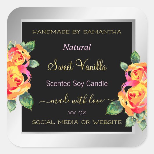 Farbenfrohe Floral Product Packaging Labels Silver Quadratischer Aufkleber (Vorderseite)