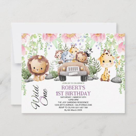 Farbenfrohe floral Wild One Jungle Safari Geburtst Einladung (Vorderseite)