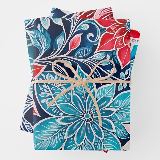 Farbenfrohe florale Batik Art Wrapping Paper Sheet Geschenkpapier Set