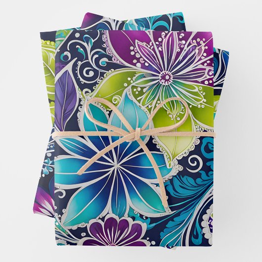 Farbenfrohe florale Batik Art Wrapping Paper Sheet Geschenkpapier Set