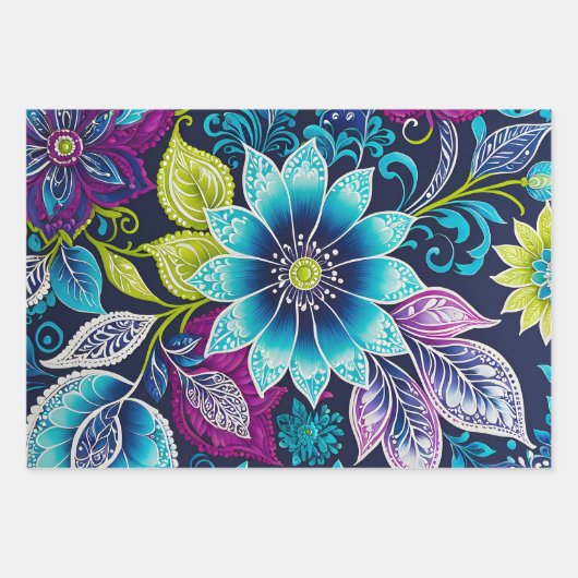 Farbenfrohe florale Batik Art Wrapping Paper Sheet Geschenkpapier Set (Vorderseite 3)