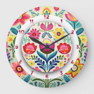 Farbenfrohe florale Boho-Malerei zwei Kronen Große Wanduhr