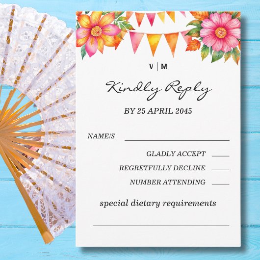 Farbenfrohe florale Fiesta Mexican Wedding RSVP Ca Karte
