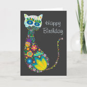 Farbenfrohe florale Katze Happy Birthday Karte (Vorderseite)