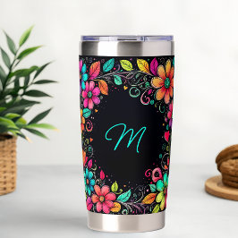 Farbenfrohe florale Monogramm Thermobecher