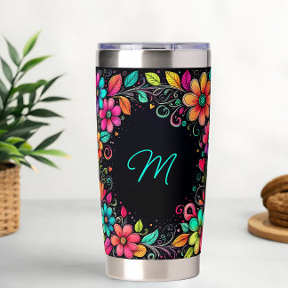 Farbenfrohe florale Monogramm Thermobecher