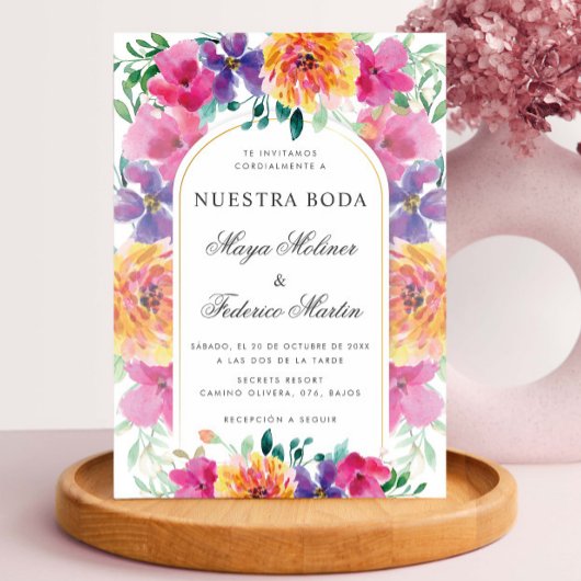 Farbenfrohe florale Nuestra Boda Spanische Hochzei Einladung