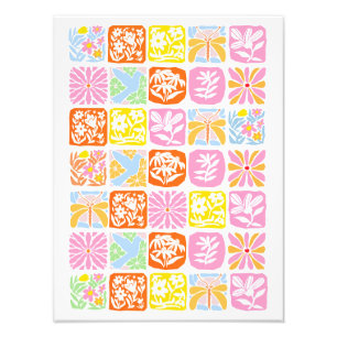 Farbenfrohe florale Tile Botanische Folk Whimsical Fotodruck