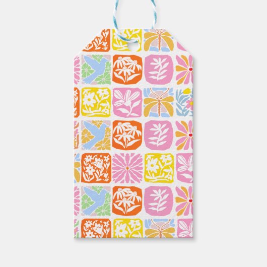 Farbenfrohe florale Tile Botanische Folk Whimsical Geschenkanhänger (Vorderseite)
