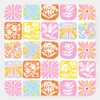 Farbenfrohe florale Tile Botanische Folk Whimsical Quadratischer Aufkleber