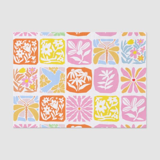 Farbenfrohe florale Tile Botanische Folk Whimsical Seidenpapier (Vorderseite)