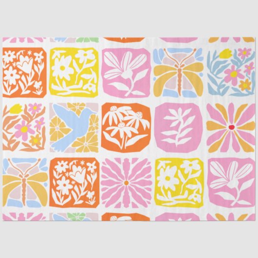 Farbenfrohe florale Tile Botanische Folk Whimsical Seidenpapier (Vorderseite)